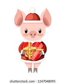 Cute pig in Christmas santa costume. Cartoon character design. Little holds heart shaped gift box. Pink animal mascot. Flat vector illustration isolated on white background.