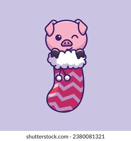 Cute pig in christmas sock simple cartoon vector illustration christmas concept icon isolated