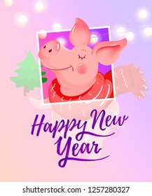 Cute pig with Christmas tree festive card. Happy New Year 2019, funny cartoon piglet, pudgy character symbol on blue striped background. Vector illustration for greeting party invitation, social media