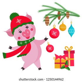 Cute pig with Christmas tree isolated on white background, symbol in the Chinese calendar the of the 2019 Year. Vector illustration. Symbol of 2019.