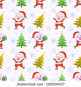 Cute pig and Christmas tree seamless pattern.