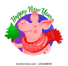 Cute pig with Christmas tree season card. Happy New Year 2019, funny cartoon piglet, pudgy character symbol on purple striped festive background. Vector illustration for party invitation, social media