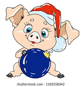 Cute pig with a Christmas tree toy. Pig cartoon character for postcard. Congratulations on Christmas. Chinese New Year.