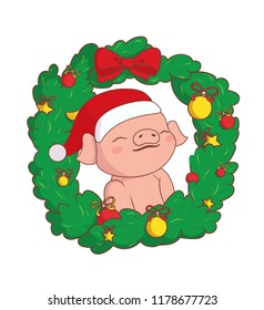 Cute pig in the Christmas wreath and Santas hat. Vector illustration.