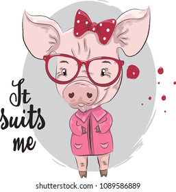 Cute pig in clothes and glasses
