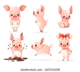 Cute pig collection. Cartoon character design. Little pigs in different poses. Clean and mud. Flat vector illustration isolated on white background.