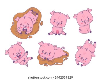 Cute pig collection. Smiling, happy and unhappy crying piggy in dirty puddle of water. Isolated funny cartoon kawaii animal character. Vector illustration. Kids collection