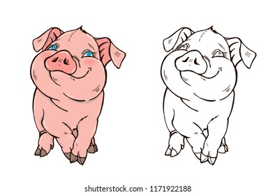 Cute pig in color and black and white, the symbol of 2019, coloring page, vector illustration.