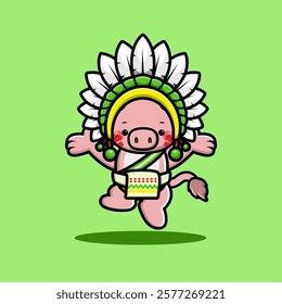 A cute pig in a colorful headdress and sash, jumping joyfully on a green background.