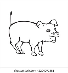 Cute Pig With Coloring Book Pages Picture,Pig Line Art,Pig Outline Drawing Vector Illustration,vector Art