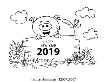 Cute pig coloring book with text happy new year 2019