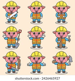Cute Pig Construction Contractor Illustration. Vector illustration of a cute building foreman Pig . Cute Pig construction worker cartoon. Flat Cartoon Style.
