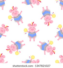 Cute pig in a costume and with a tambourine. Funny piggy. Seamless pattern for nursery, fabric, textile, kids apparel.