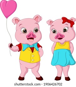 Cute pig couple with balloon heart