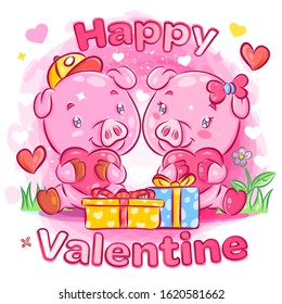 Cute Pig Couple Feeling in Love With Valentine's day Gift on Isolated Background. You can Use For T-Shirt Design, Sticker and Mascot. Colorful Cartoon Illustration Vector.