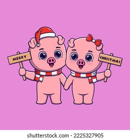 cute pig couple holding wooden board with Christmas greetings