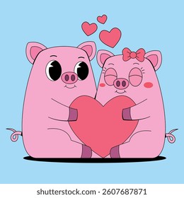 Cute pig couple hugging heart shape