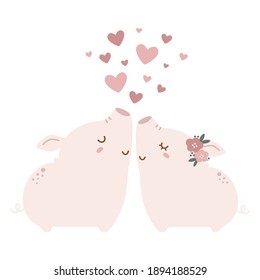 Cute pig couple in love. Cartoon pigs vector illustration.