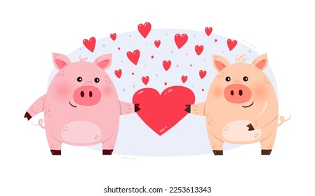 Cute pig couple in love. Design of animal characters with hearts for Valentine’s Day. Vector illustration