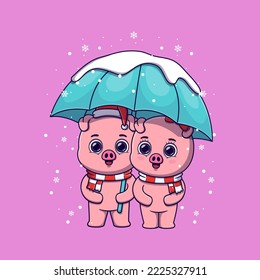 Cute pig couple under an umbrella during snowfall