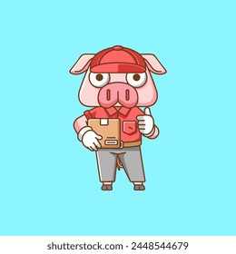 Cute pig courier package delivery animal chibi character mascot icon flat line art style illustration concept cartoon set