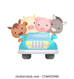 Cute pig, cow, donkey and horse travel in car. Graphic element for childrens book, album, scrapbook, postcard or mobile game. Zoo theme. Flat vector illustration isolated on white background.