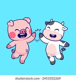 Nettes Schwein und Kuh High Five Cartoon Vektorgrafik Icon Illustration. Animal Natur Icon Concept Isolated Premium Vektorgrafik. Flacher Zeichentrickstil