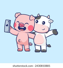 Cute Pig And Cow Selfie With Phone Cartoon Vector Icon Illustration. Animal Technology Icon Concept Isolated Premium Vector. Flat Cartoon Style