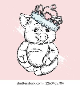 Cute pig in a crown. Vector illustration for postcard or poster, print for clothes. Hipster.