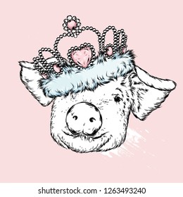 Cute pig in a crown. Vector illustration for postcard or poster, print for clothes. Hipster.