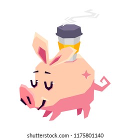 Cute pig and a Cup of coffee. Vector flat illustration