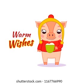 Cute pig with a cup of hot drink.
Template postcard, poster for the new year. Chinese calendar for the year of pig 2019.