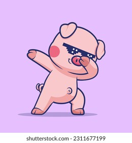 Cute Pig Dabbing With Swag Glasses Cartoon Vector Icon Illustration. Animal Holiday Icon Concept Isolated Premium Vector. Flat Cartoon Style