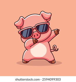 Cute pig dabbing while wearing stylish sunglasses in a fun and playful cartoon vector illustration. Perfect for kids, party themes, and animal lovers. Flat cartoon style isolated on background.