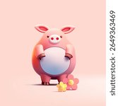 Cute pig with daisies, 3D. Cute pink pig character, for concepts of products for children, farming, and fairy tale characters. Vector illustration.
