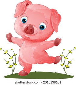 The cute pig is dancing and posing in the garden of illustration