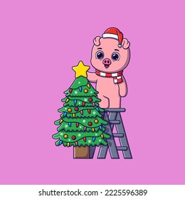 lindo cerdo decorando el árbol de navidad
