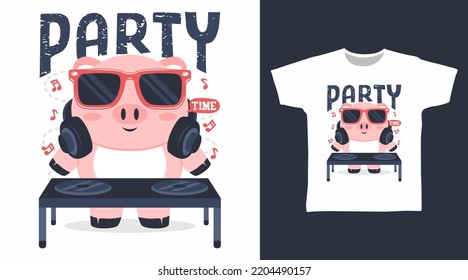 Cute pig dj cartoon tshirt art design