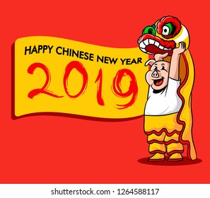 Cute pig do lion dance and give Chinese new year greetings. Year of the pig.