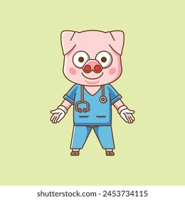 Cute pig doctor medical personnel chibi character mascot icon flat line art style illustration concept cartoon set