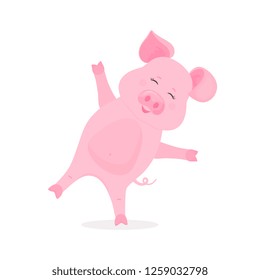 Cute pig doing exercise standing on one leg. Funny piggy vector cartoon character