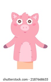 Cute Pig Doll For Puppet Show On Theater Stage Vector Illustration. Cartoon Isolated Kids Theatre Marionette, Sock Toy For Human Hand Or Finger Of Actor, Funny Little Pink Animal Acting In Puppetry