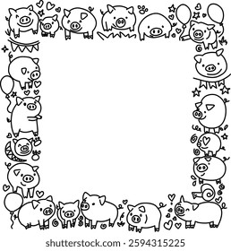 Cute Pig Doodle Frame with Hand Drawn Border and Love Elements
