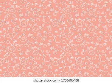 El doodle de cerdo sin soldadura. Diseño de fondo para tela o papel envolvente. Textura de cerdos blancos sin costura sobre rojo. Ilustración de línea de vector dibujada a mano para el diseño de niños