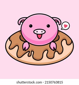 Cute pig with doughnut cartoon design
