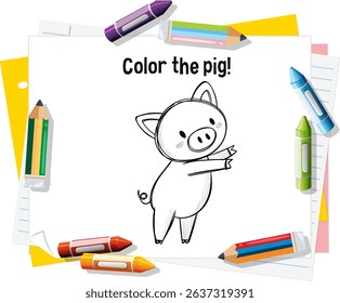 A cute pig drawing surrounded by colorful crayons