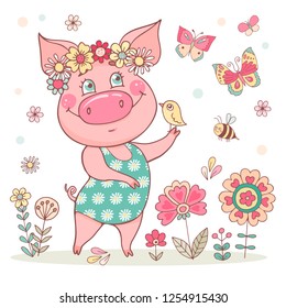 Cute pig dressed in a dress with daisies. Piglet is wearing a wreath of flowers on its head. Funny vector illustration on a white background with flowers butterflies. Beautiful summer or spring design