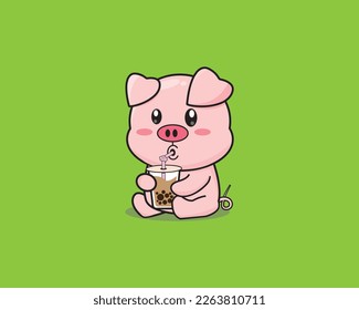 Cute Pig Drink Boba Vector Design