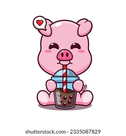 cute pig drink bubble milk tea cartoon vector illustration.