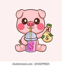 Cute Pig Drinking Boba Milk Tea With Money Bag Cartoon
Vector Icon Illustration. Animal Drink Icon Concept Isolated
Premium Vector. Flat Cartoon Style